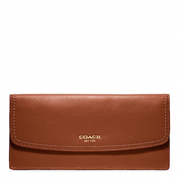 Coach Handbags - Coach Soft Long Wallet in Leather, Brass/Cognac, Cards, Cash, Coin.